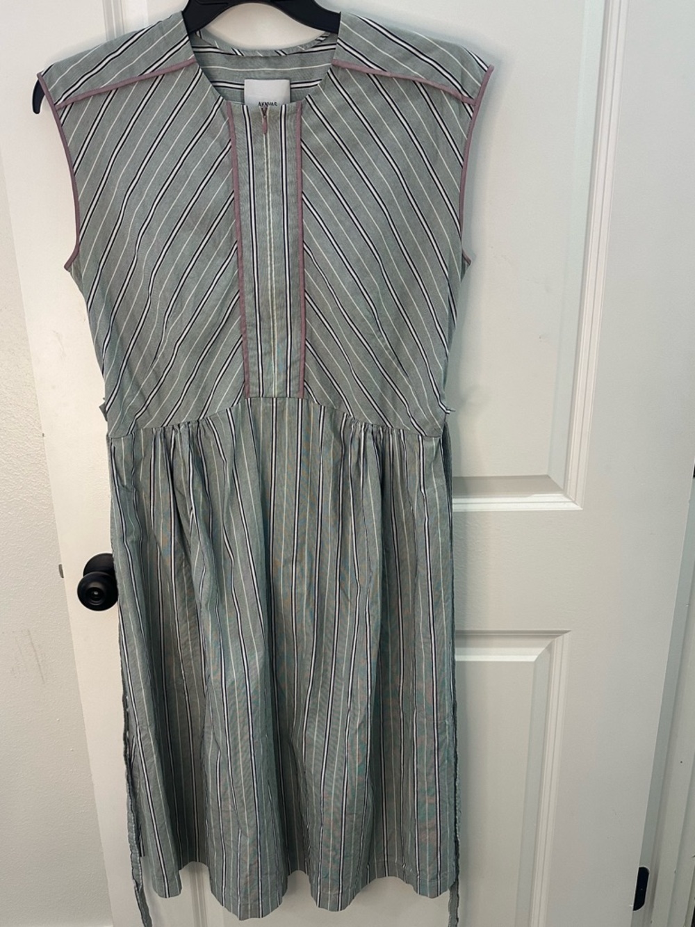 Aknvas Green & White Striped Pleated Midi Dress Size M Designer Retail $695 - Picture 5 of 12